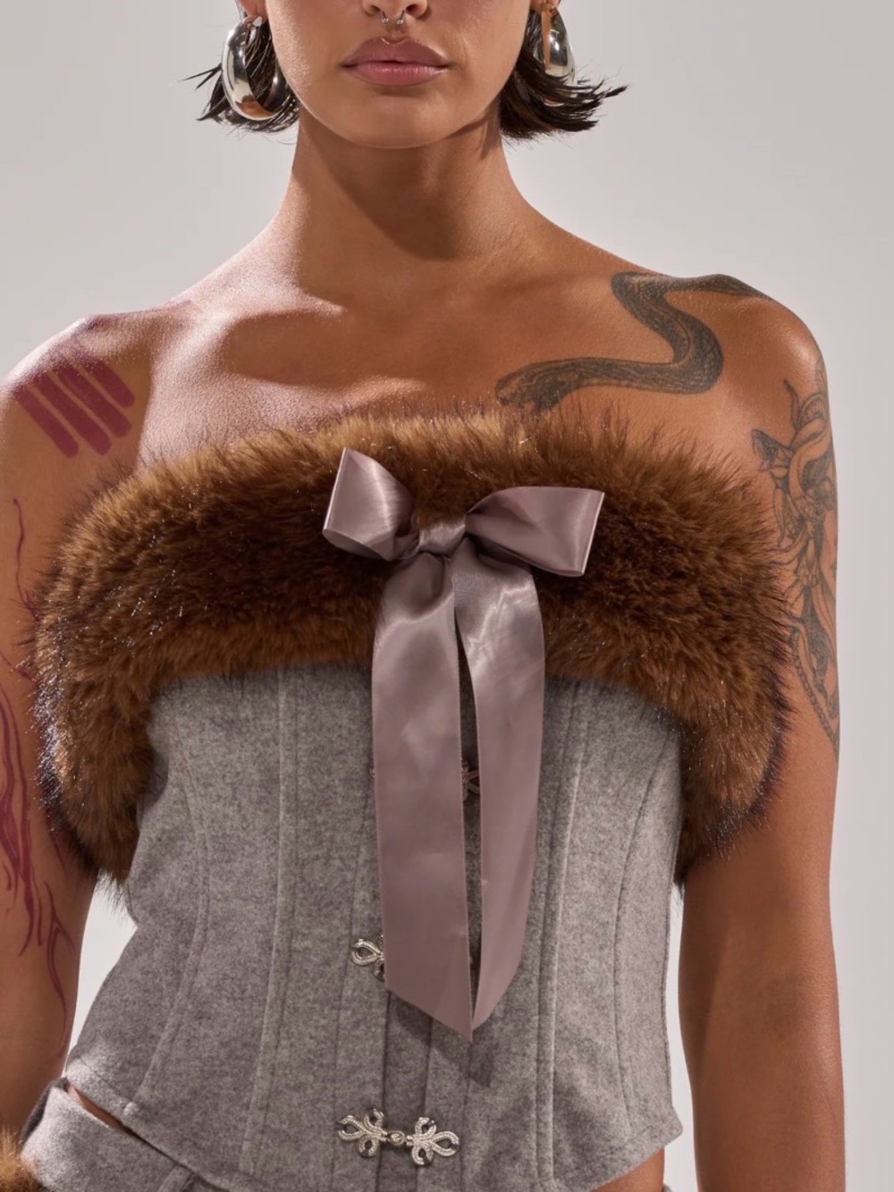 NWT AKIRA Strapless Faux Fur-Trim brown bow front Corset Top size XL